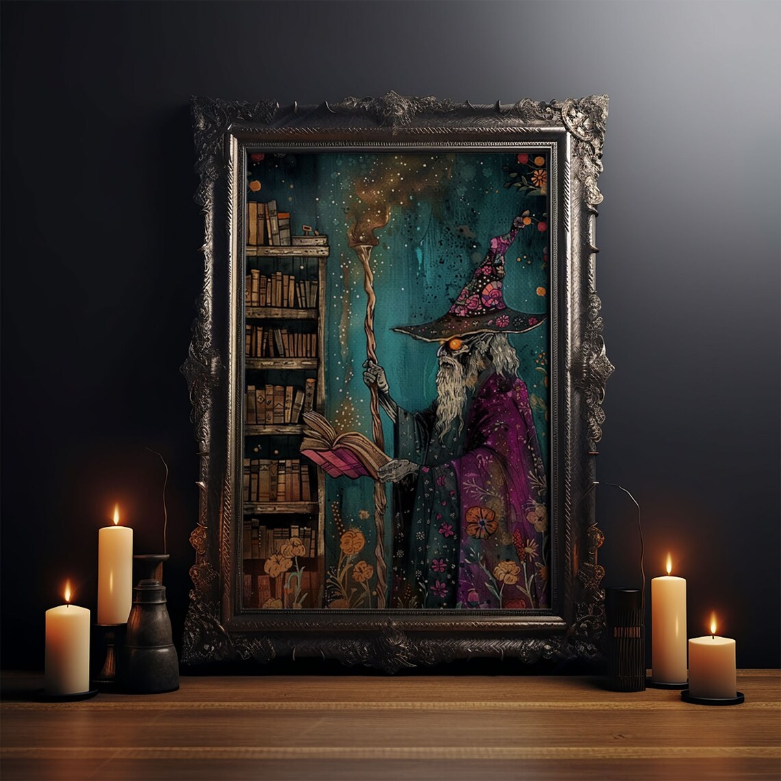 Halloween Eerie Wizard in Haunted Library, Gothic Art - Image 3