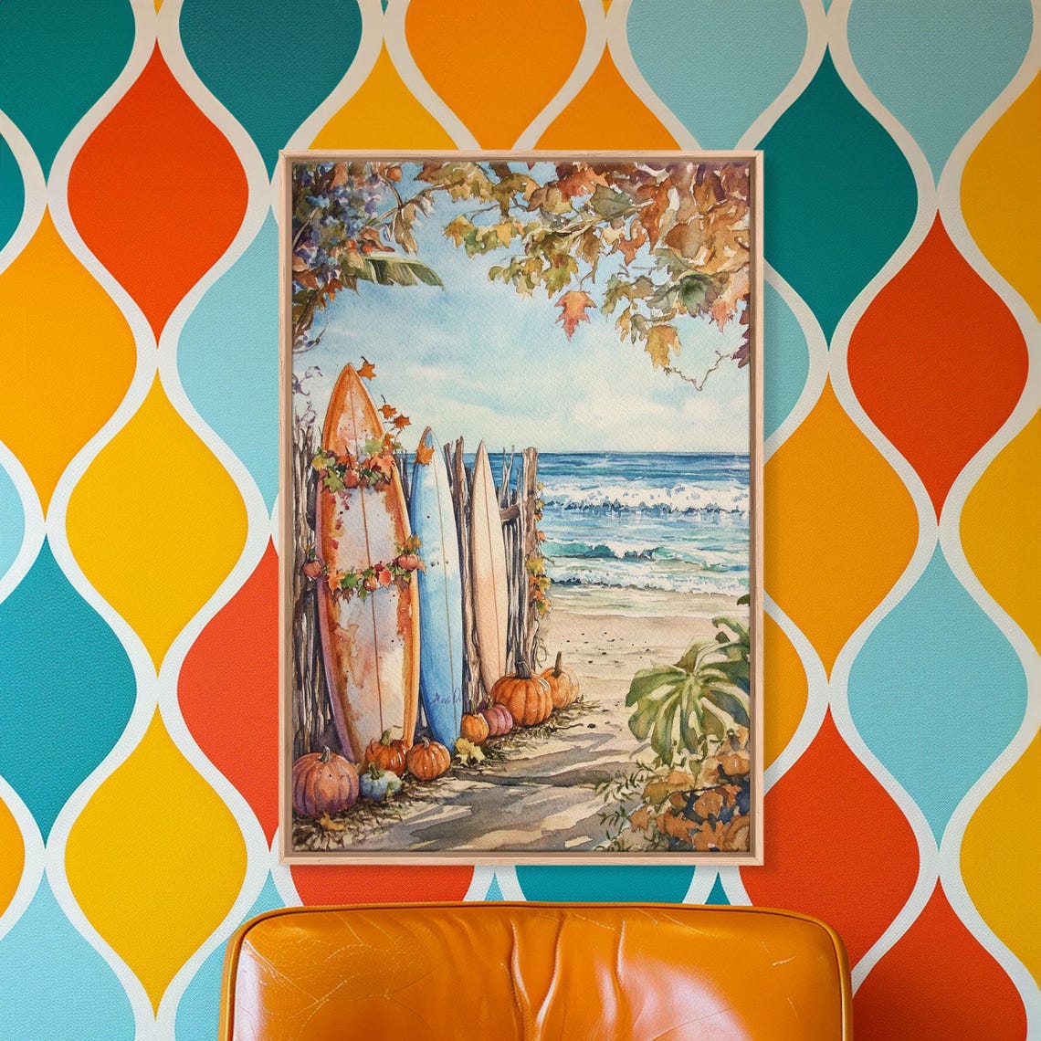 Surfboards In The Fall Surfer Thanksgiving Wall Art Framed Print Tropical Decor Beach Art - Image 2
