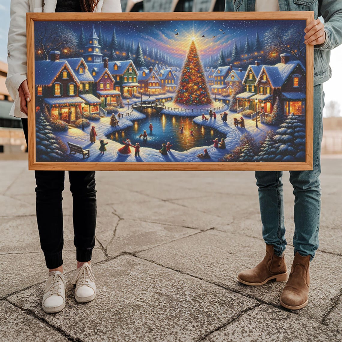 Christmas Town Square Tree With Skaters On Frozen Pond Night Poster - Image 5