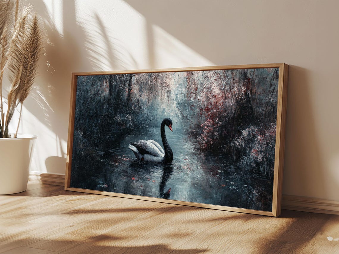 Dark Academia Black Swan Painting Misty Lake Gothic Romantic Art Print - Image 6