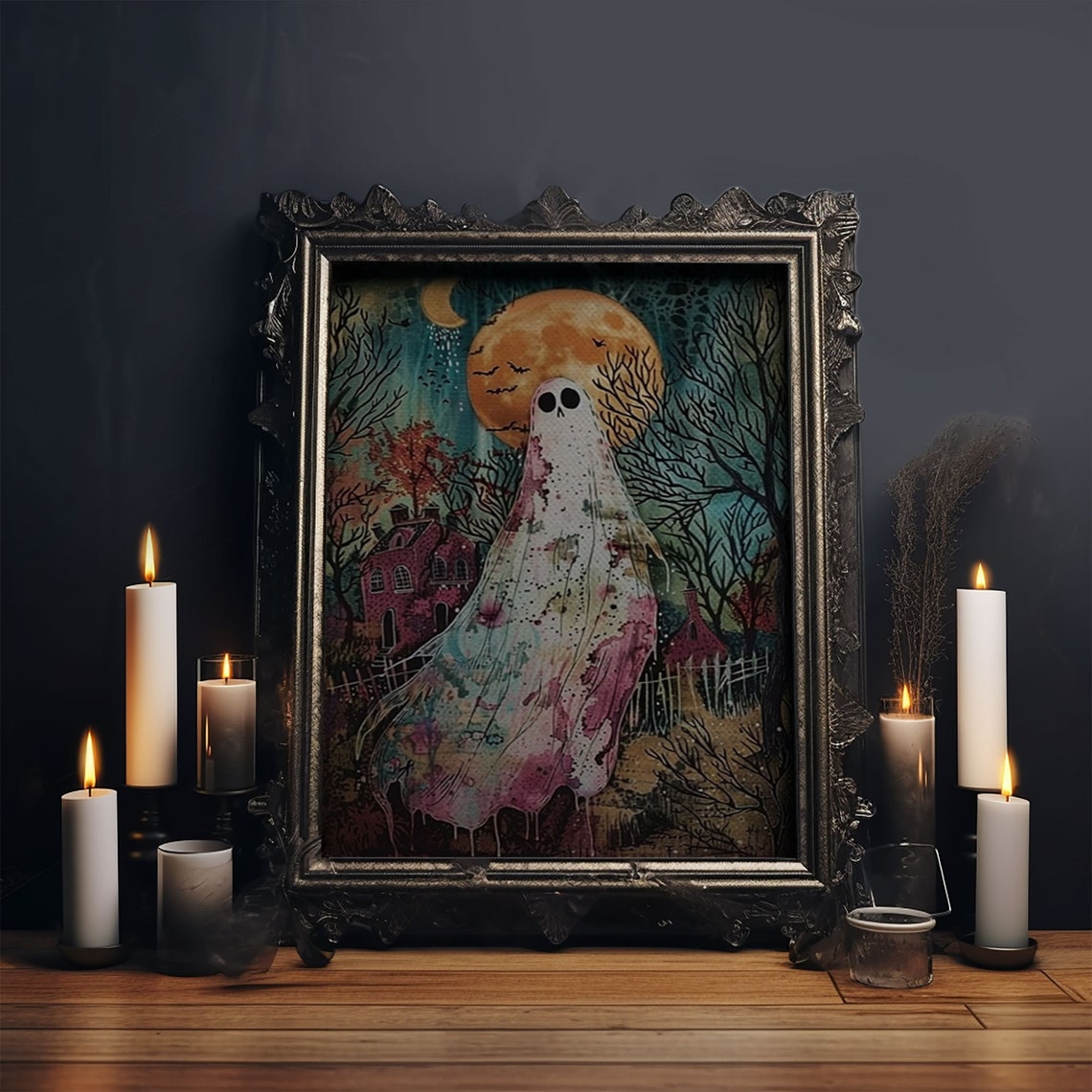 Ghost Under Full Moon Haunted Forest Houses Halloween Art Poster - Image 5