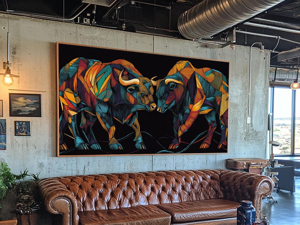 Two Colorful Geometric Bulls Black Background Modern Animal Art Poster - Image 5