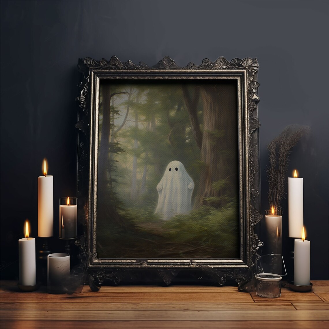 Cute Little Ghost In Misty Green Forest Vintage Spooky Art Poster - Image 4