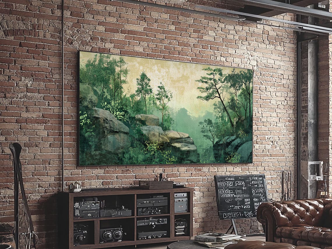 Misty Green Forest Rocks Serene Woodland Vintage Landscape Poster - Image 3