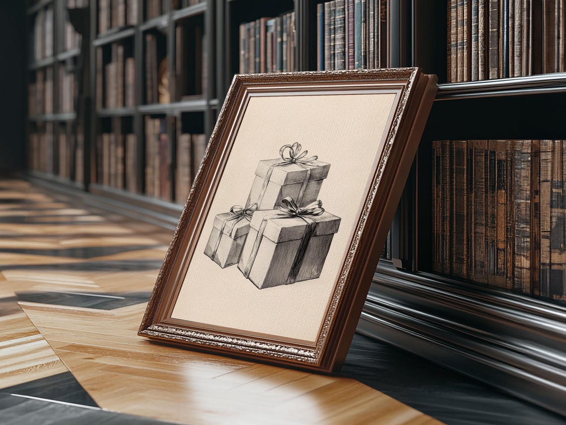 Stacked Christmas Gift Boxes Pencil Sketch Minimalist Holiday Poster