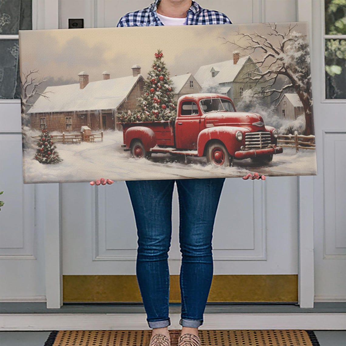 Retro Red Truck Delivering Christmas Tree To Barn In Snowfall Poster - Image 4