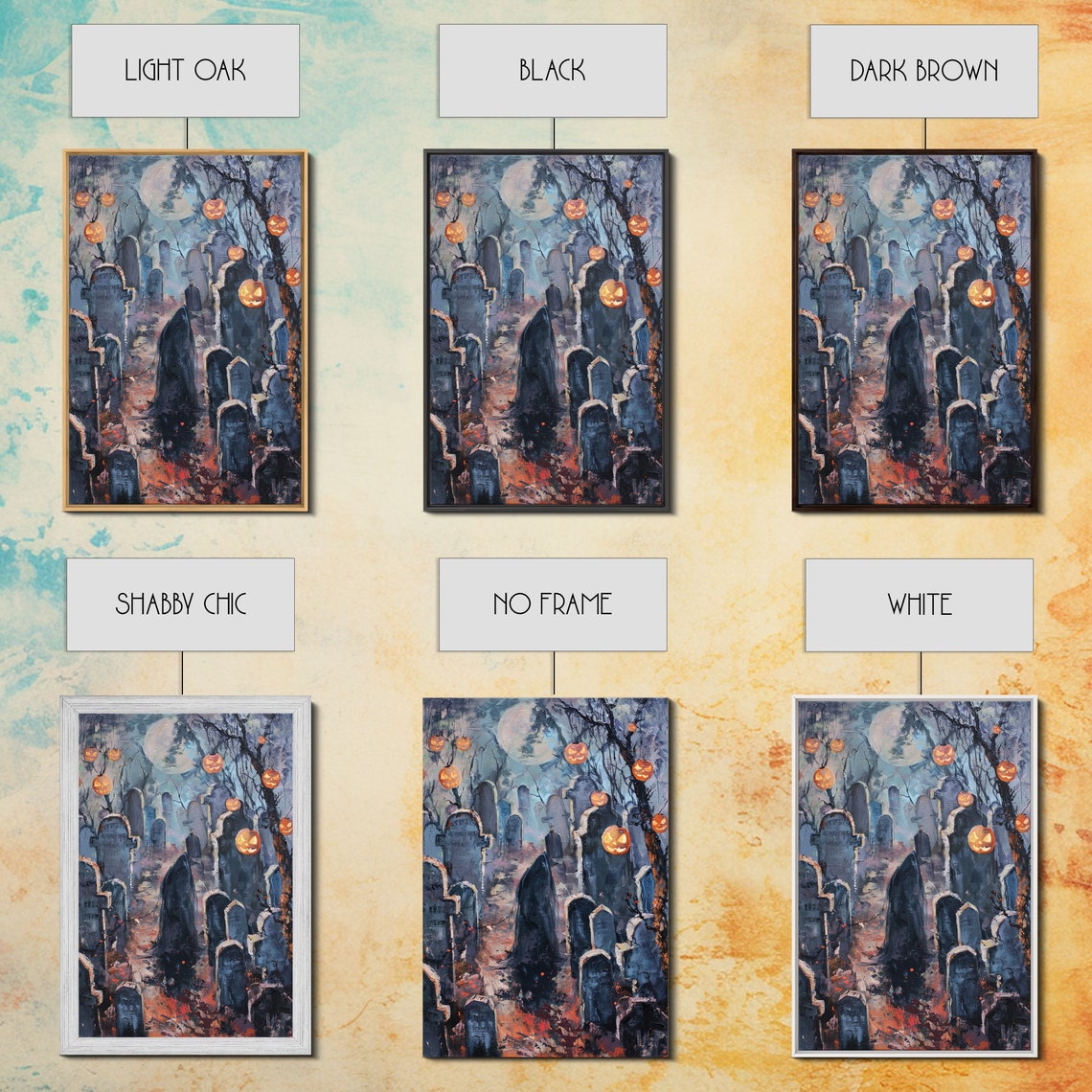 Jack O Lantern Graveyard Spooky Pumpkins Full Moon Art Poster - Image 3