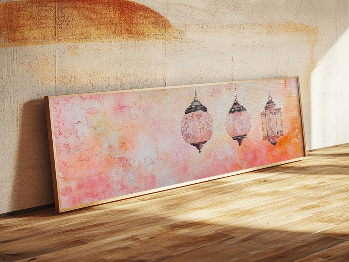 Moroccan Lanterns Print Pink Orange Wall Art Boho Decor Rustic Living Room Artwork Horizontal Farmhouse Style Gift Idea - Image 3