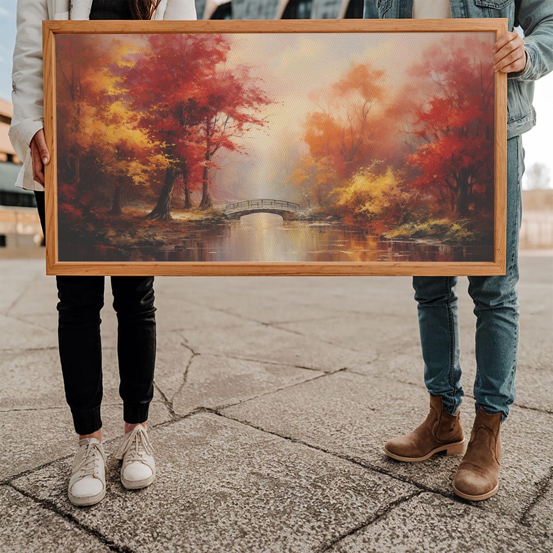 Autumn Park Bridge Over Calm Water Red Foliage Misty Fall Art Poster - Image 5