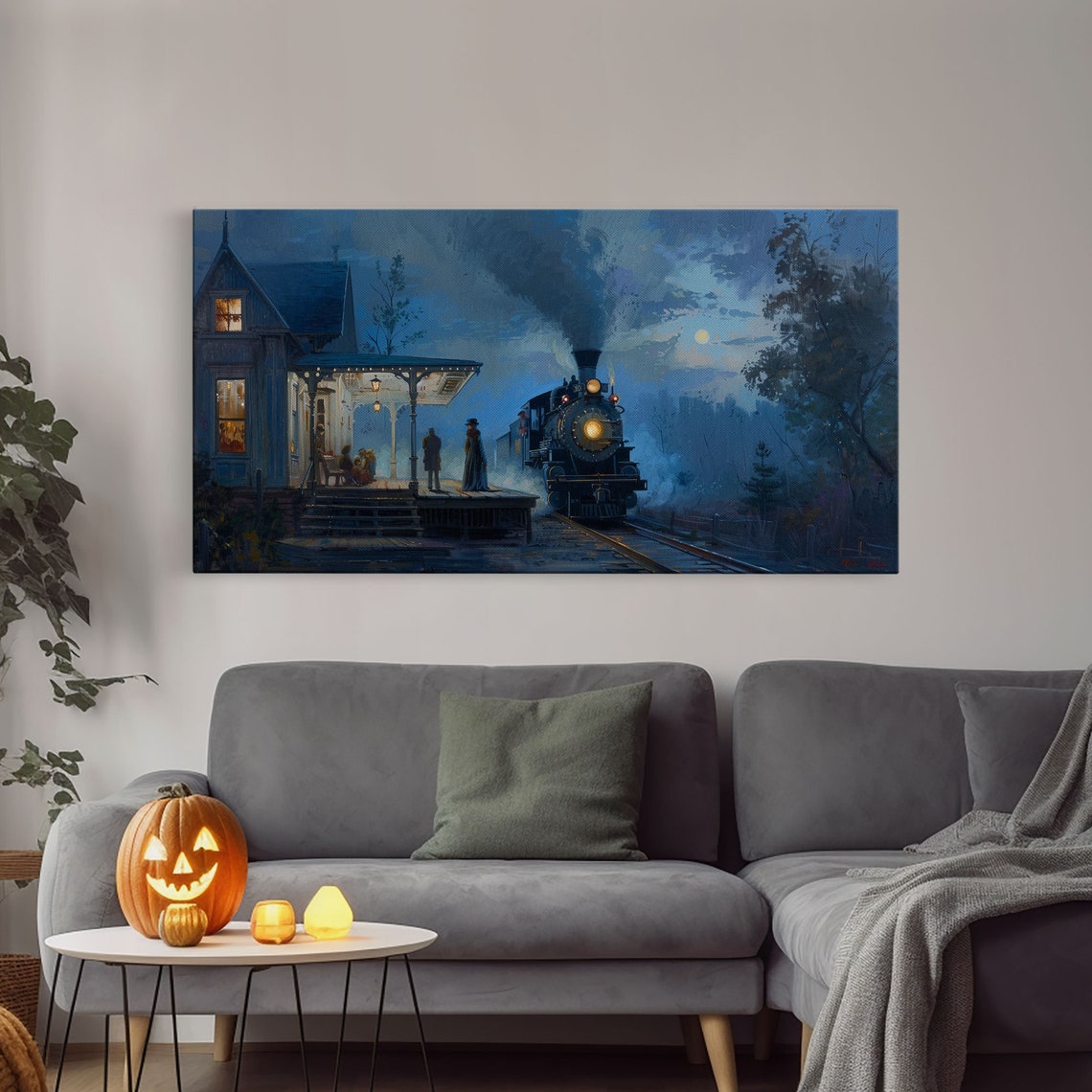 Steam Train Arriving At Moonlit Night Station Spooky Halloween Print - Image 4