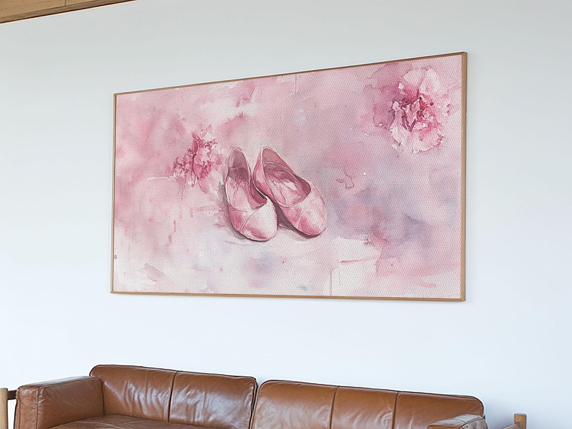 Pink Ballet Shoes Wide Horizontal Watercolor Dancer Pastel Art Poster - Image 4