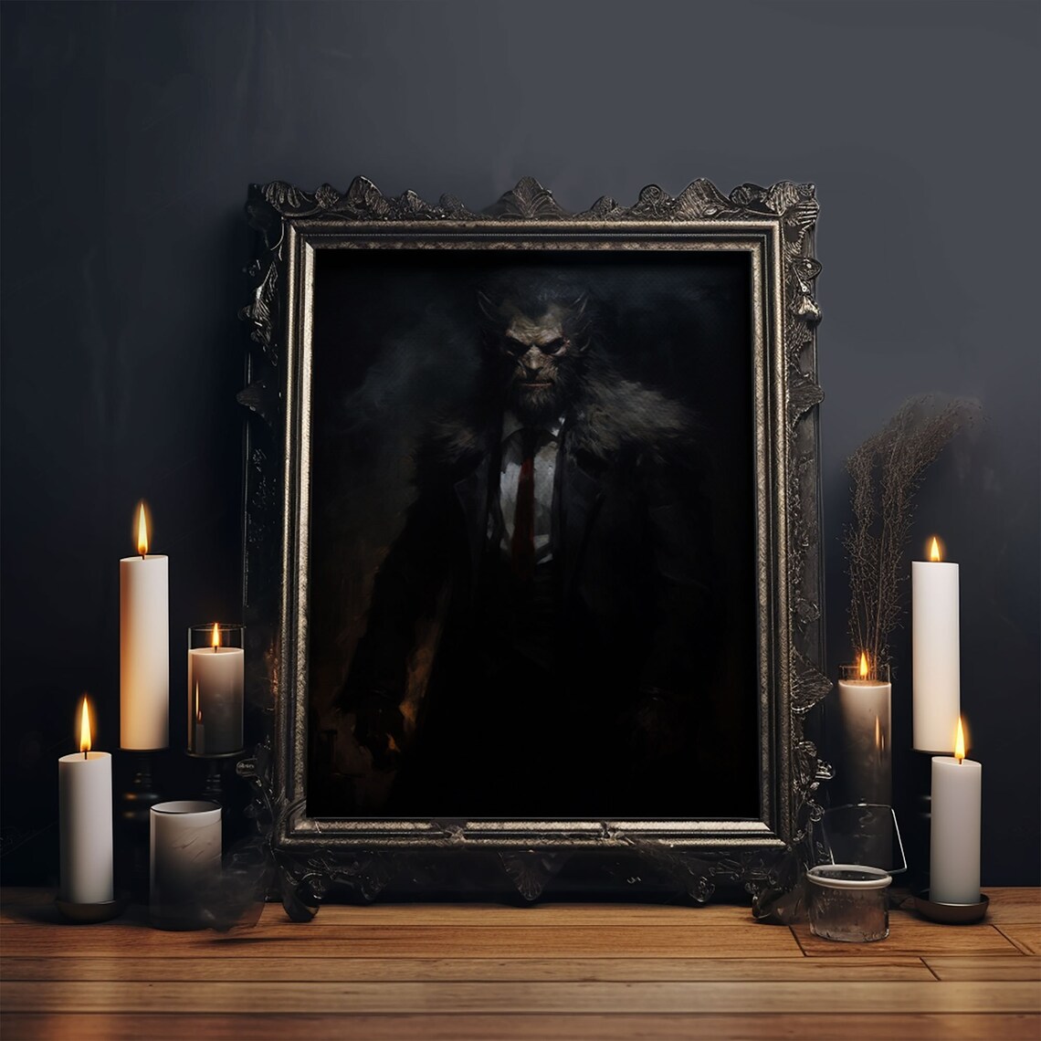 Dark Werewolf Businessman Portrait Suit Shadowy Gothic Horror Art Print - Image 4