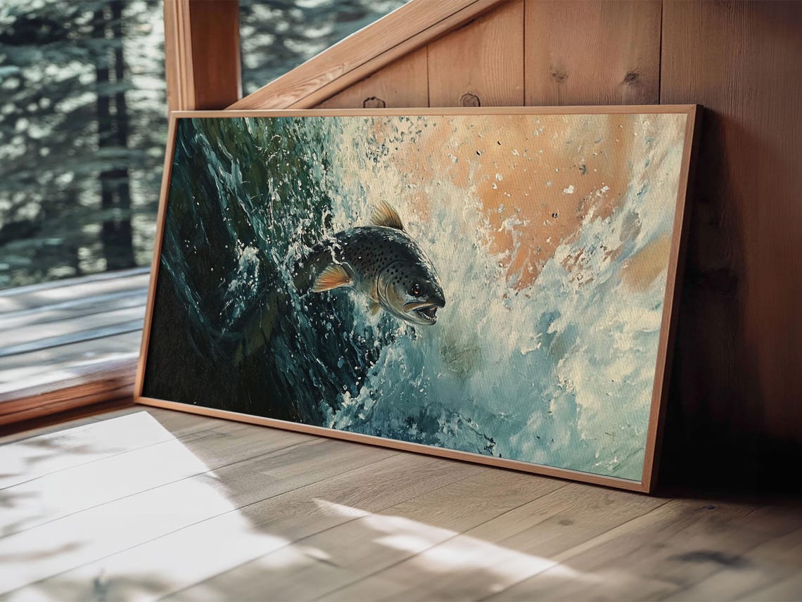 Leaping Trout Splash River Water Oil Painting Fisherman Wall Poster - Image 3