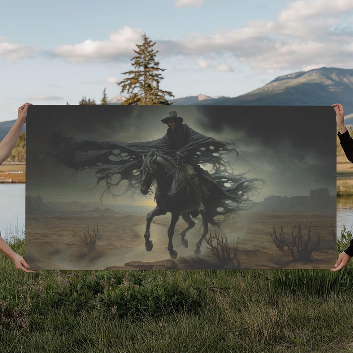 Grim Reaper Cowboy Riding Black Horse Through Dark Desert Poster - Image 6