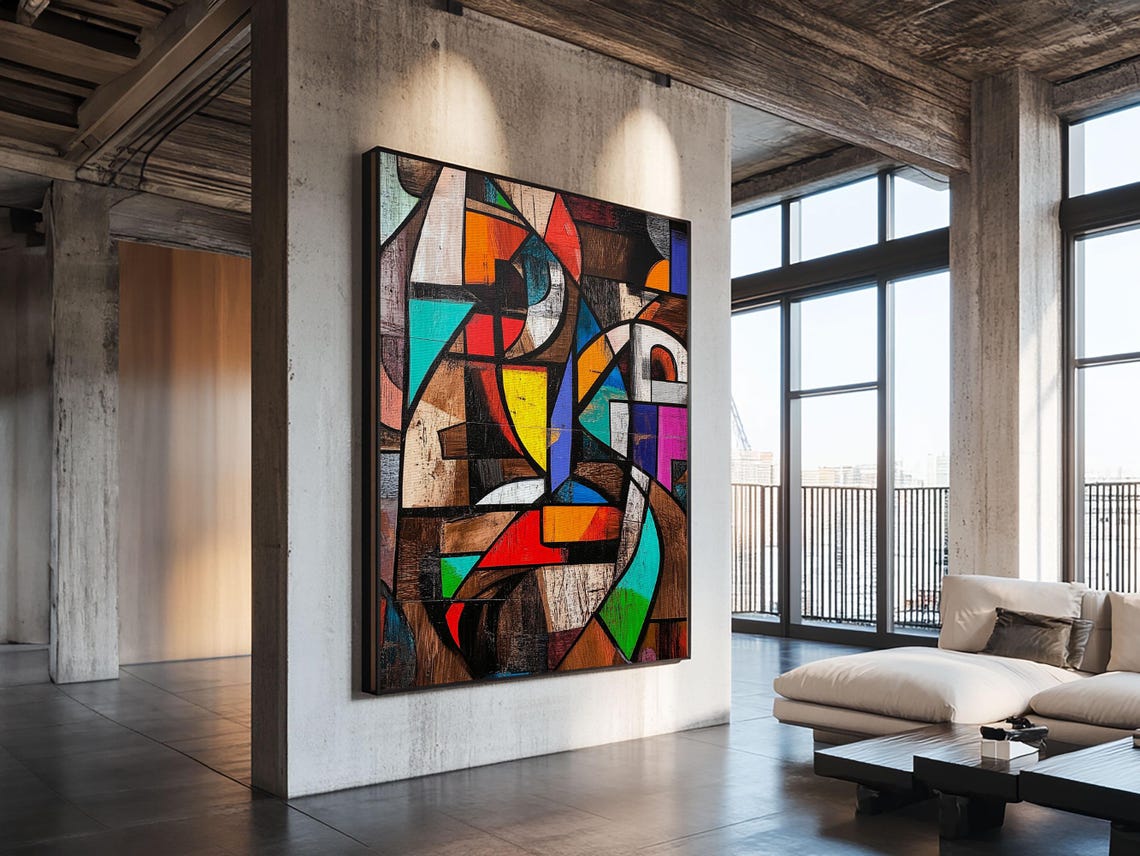 Geometric Framed Print With Stained Glass Effect Modern Wall Art Colorful Rustic Decor Gift Idea For Him Living Room Art - Image 3