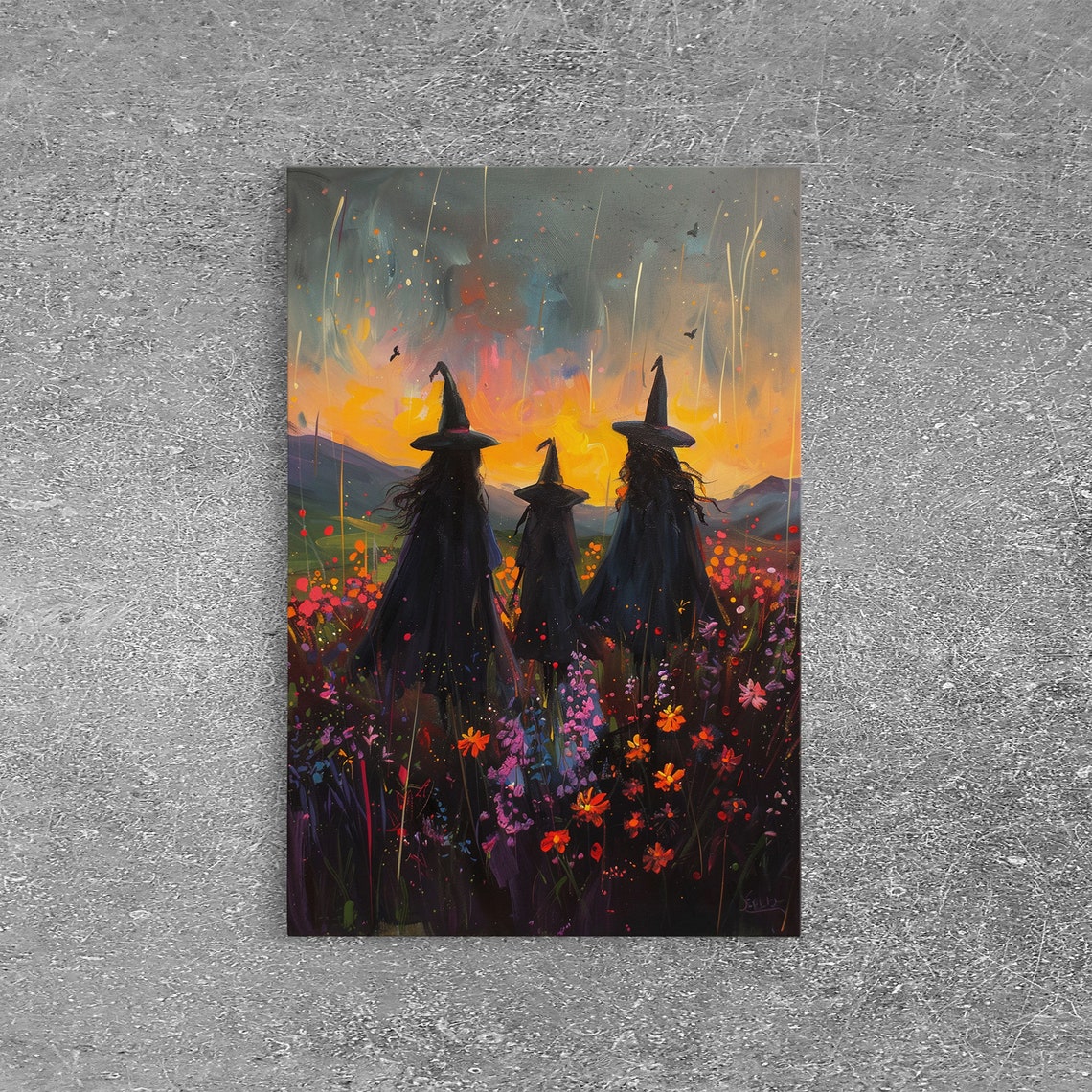 Three Witches Sunset Silhouettes Wildflower Field Painterly Poster