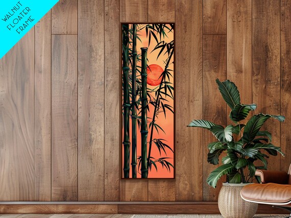 Framed Print Of Bamboo Stalks And Red Sun Traditional Japanese Style Wall Art Ready To Hang For Asian Inspired Decor
