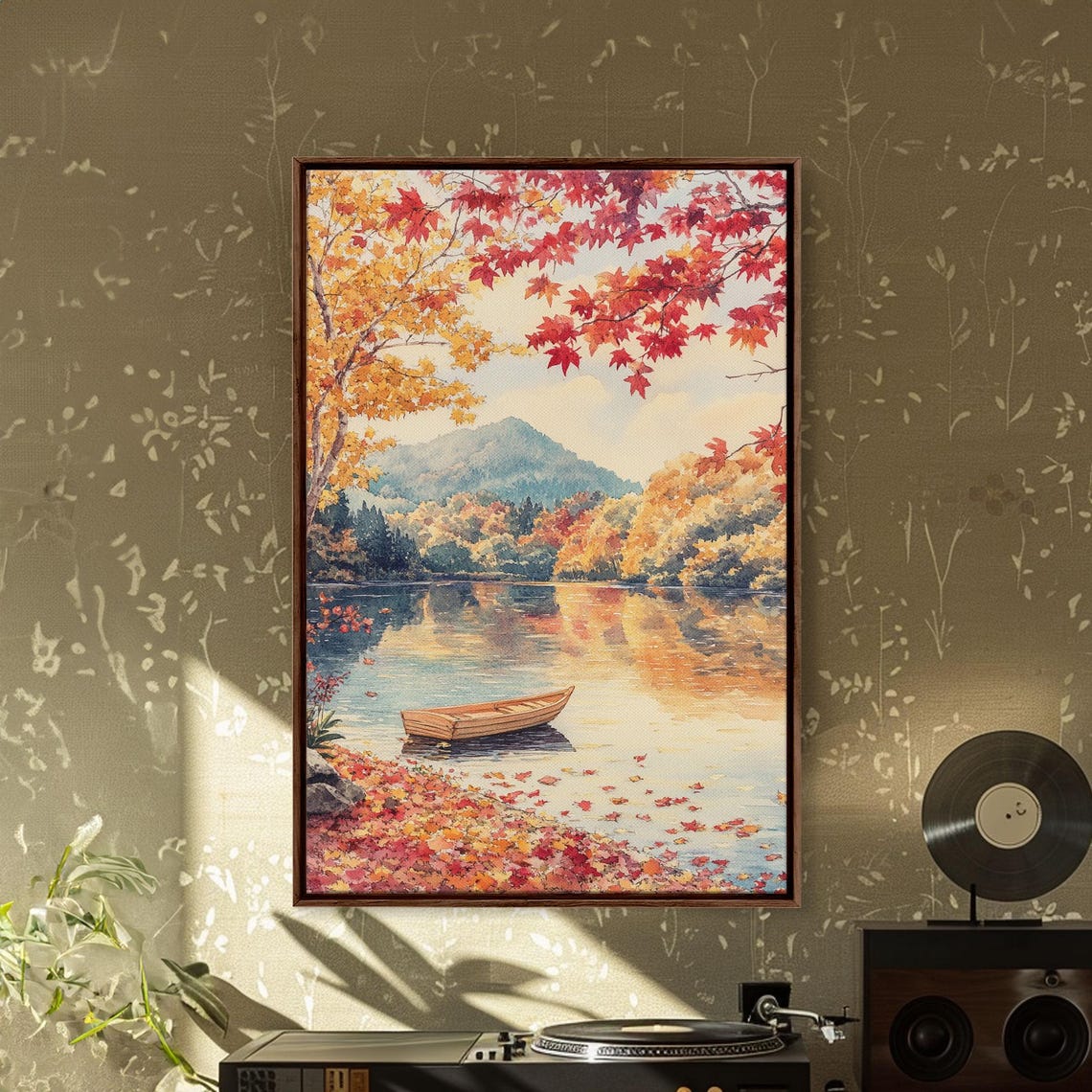 Autumn Canoe On Serene Fall Lake Maple Leaves Mountain Poster - Image 5