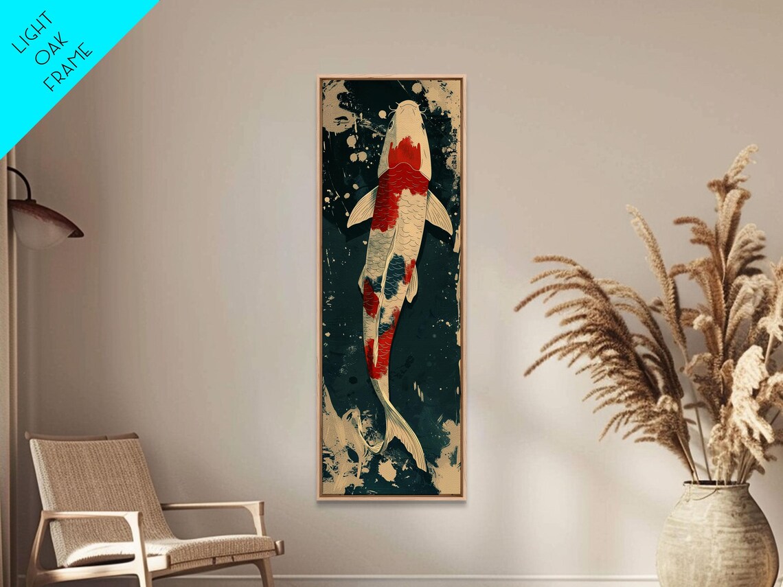 Serene Koi Fish Swimming In Deep Blue Water With Red Accents On Tall Vertical Japanese Inspired Print - Image 5