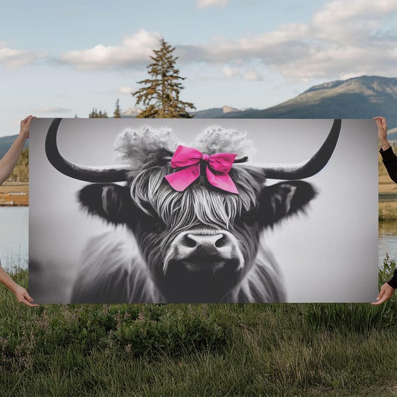 Cute Highland Cow Wearing A Bow Pink Bow On A Cute Cow Framed Print Black And White Farmhouse Cow Art