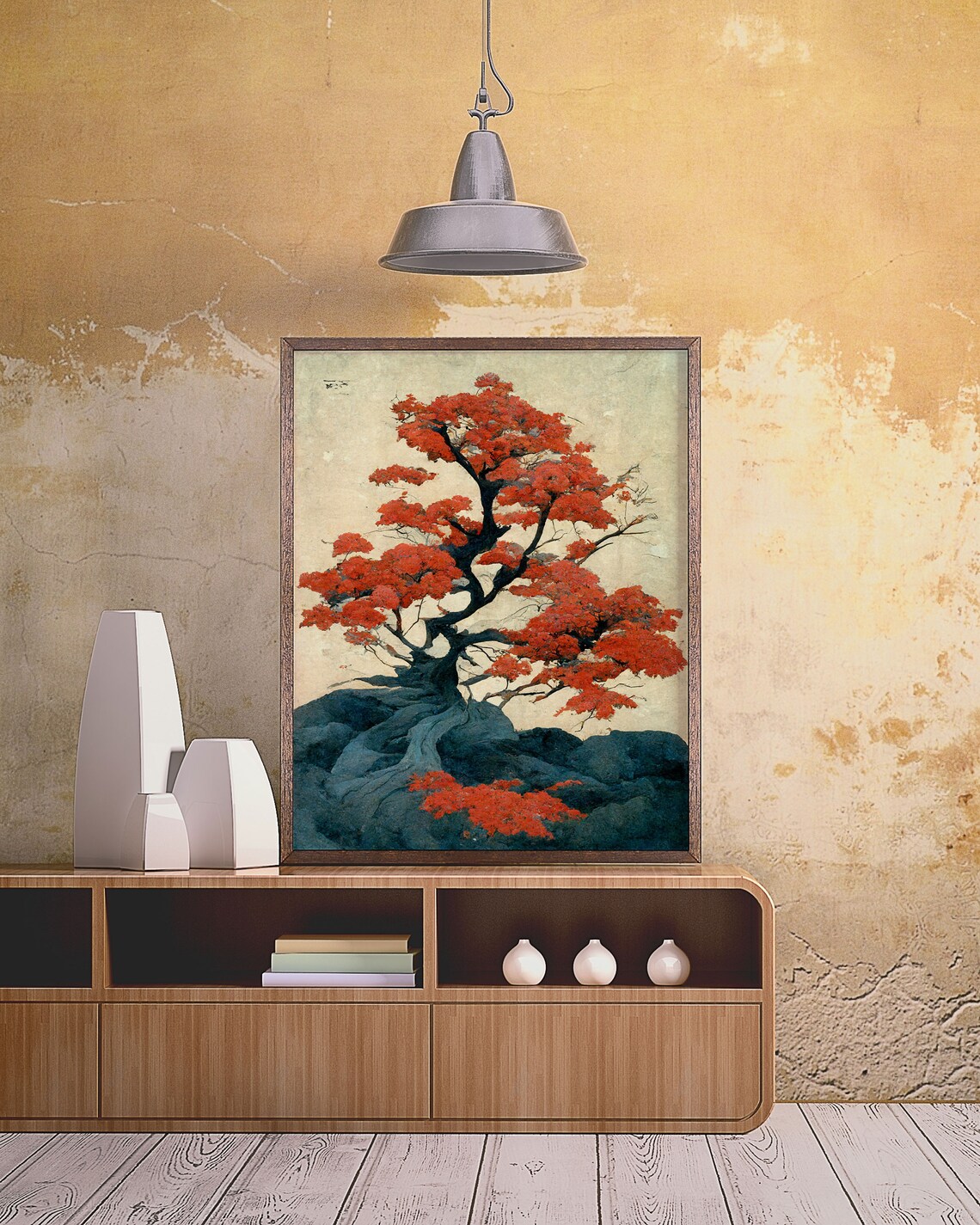 Japanese Maple Tree Red Foliage Vintage Woodblock Style Poster - Image 3