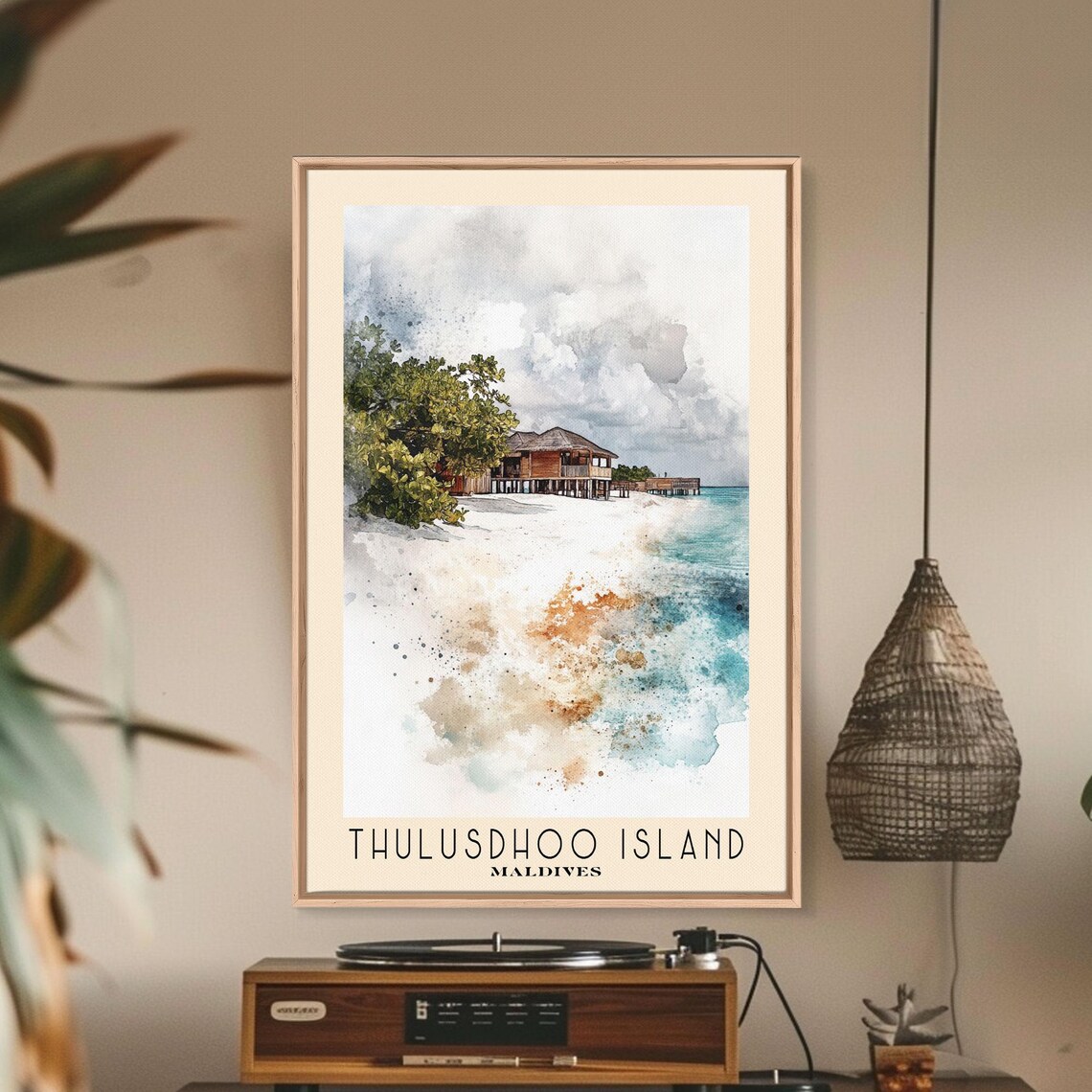 Thulusdhoo Island Maldives Overwater Bungalow Beach Watercolor Poster - Image 3
