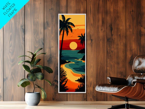 Sunset Beach With Palm Trees And Ocean View Framed Print Midcentury Modern Wall Art Skinny Art Tall Art Living Room Decor