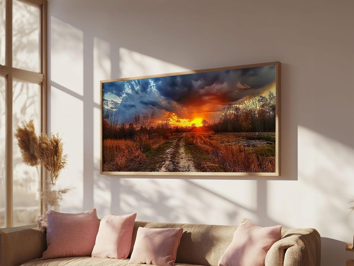 Dirt Road Through Fields At Stormy Sunset Rural Landscape Poster