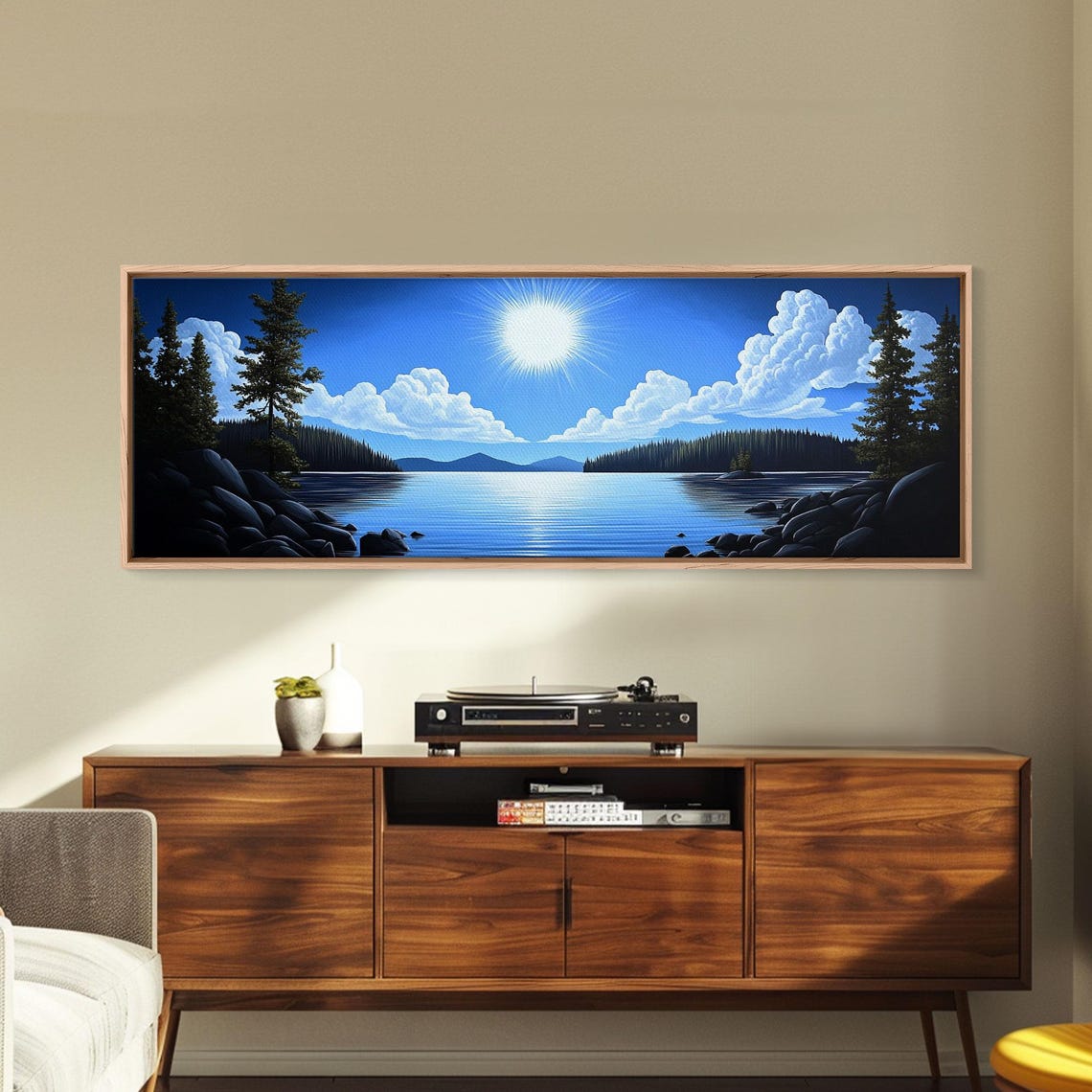 Bright Blue Lake Sun Clouds Pine Trees Panoramic Scenic Poster - Image 6