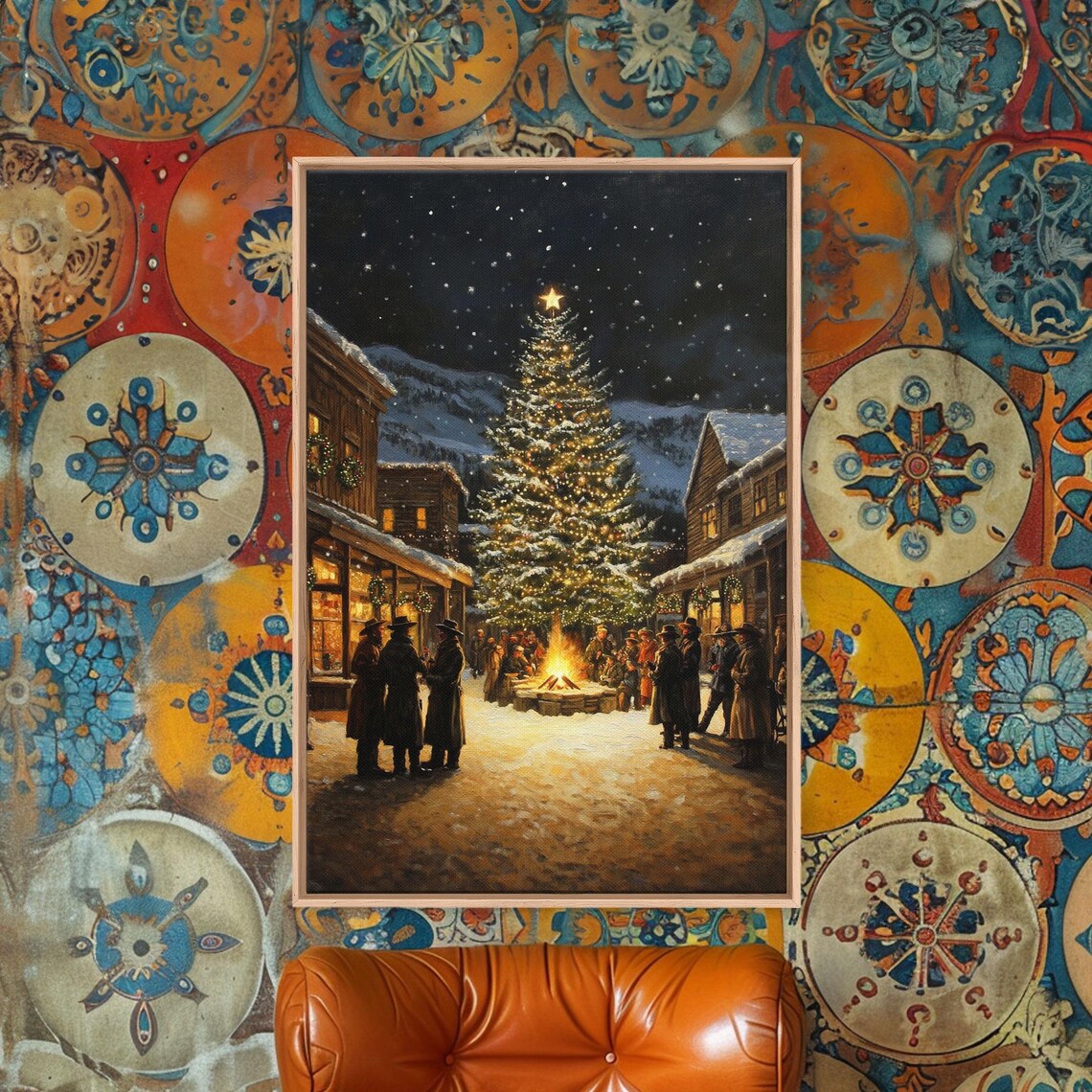 Western Town Christmas Eve Gathering Around Bonfire Tree Poster