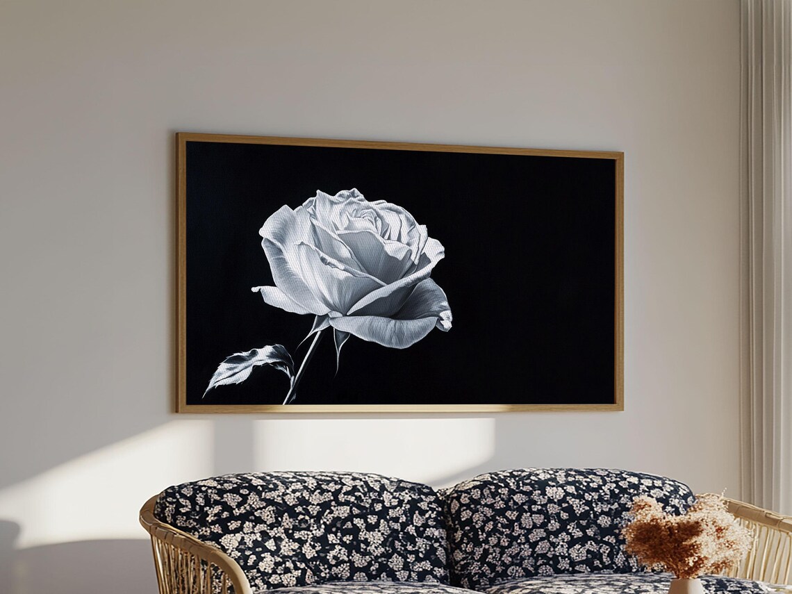 White Rose Monochrome Painting Black and White Floral Wall Art Print - Image 3