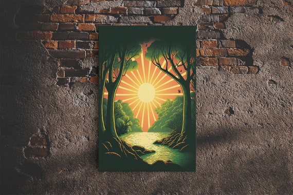 Retro Style Sunset Art Art Deco Style Landscape Decor Framed Print Sunrise Golden Hour Art