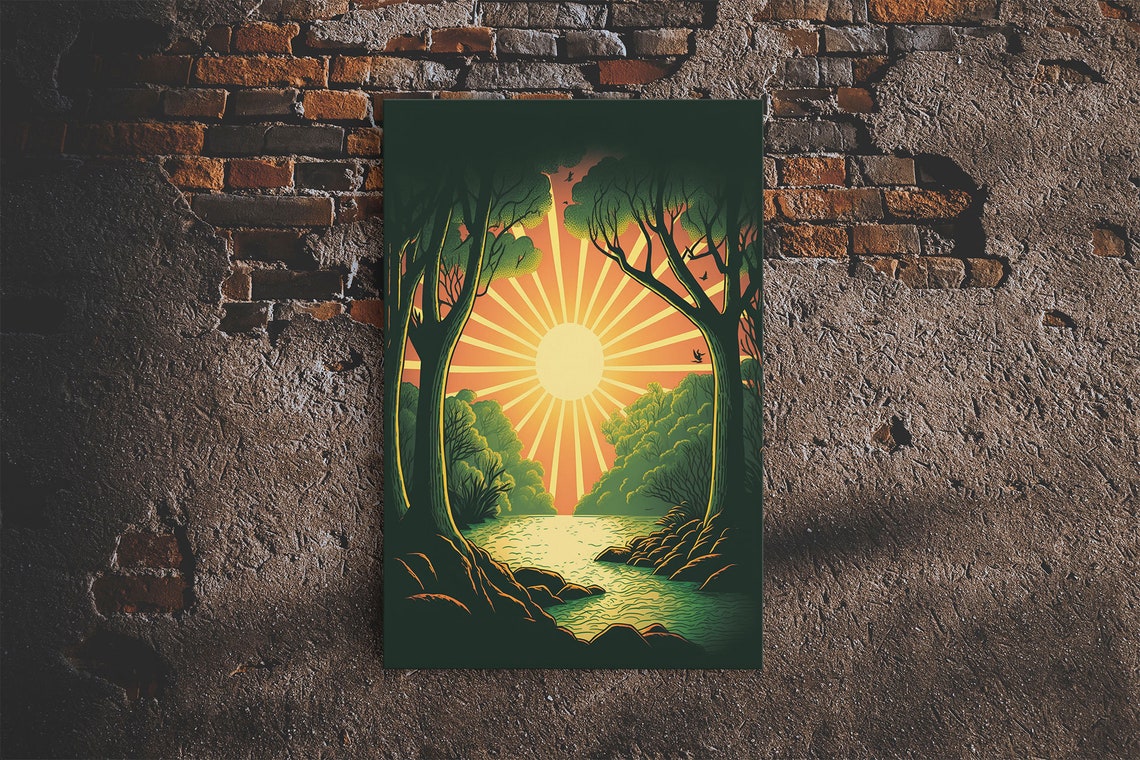Retro Style Sunset Art Art Deco Style Landscape Decor Framed Print Sunrise Golden Hour Art