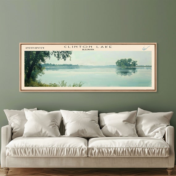 Clinton Lake Illinois Framed Print Panoramic Lake House Decor Wide Wall Art Travel Poster Rustic Lake Painting Nature Art