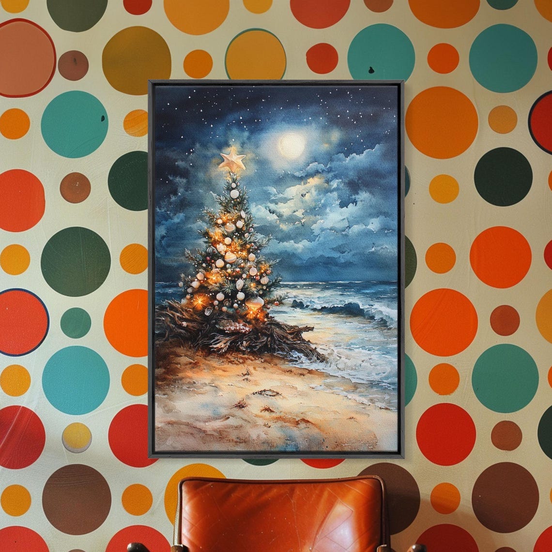 Christmas Tree Beach Night Moonlight Ornaments Watercolor Wall Art - Image 4