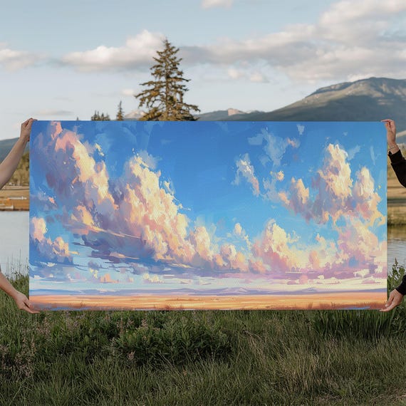 Panoramic Oil Painting Print Of A Cloudy Sky Framed Print Boho Minimalist Home Decor Guest Room Wall Art
