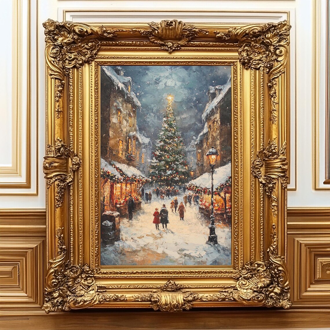 Vintage Christmas Market Scene, Holiday Village Art Print - Image 4