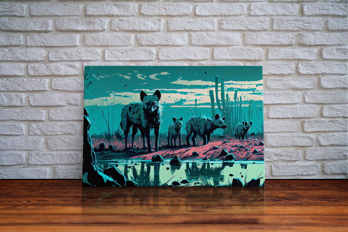 Hyenas At Midnight, Turquoise Vaporwave Art Print