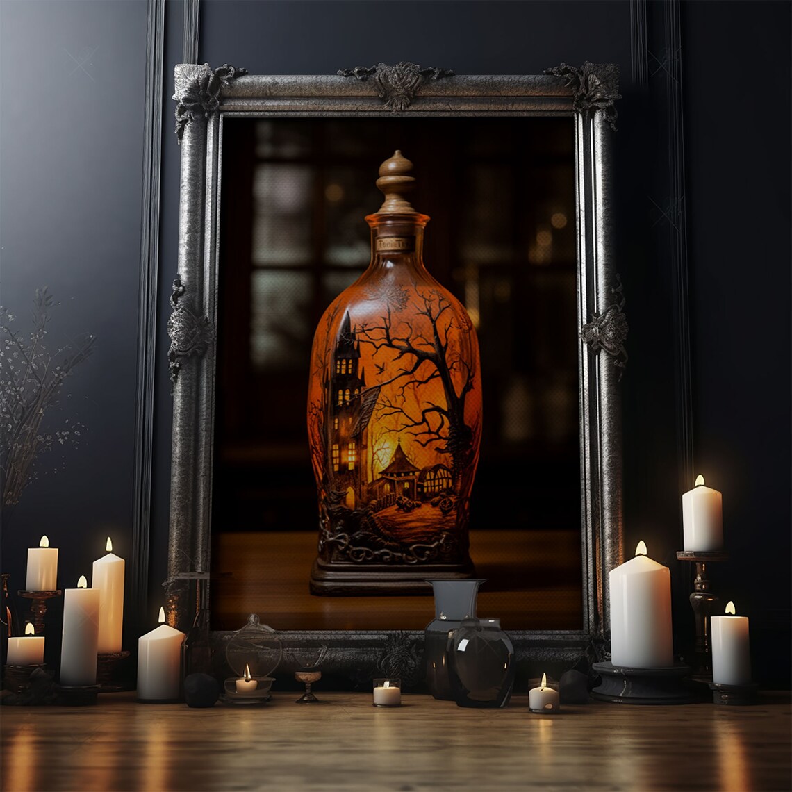 Spooky Haunted House In A Jar Glowing Glass Bottle Halloween Print - Image 4