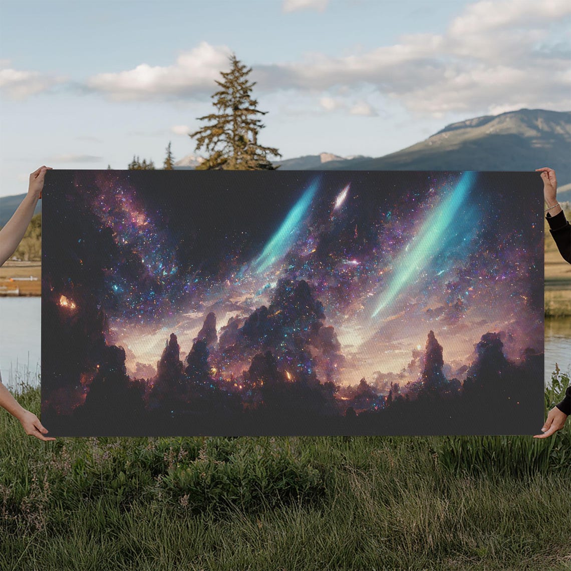 Aurora Beams Cosmic Night Sky Over Mountain Silhouettes Galaxy Poster