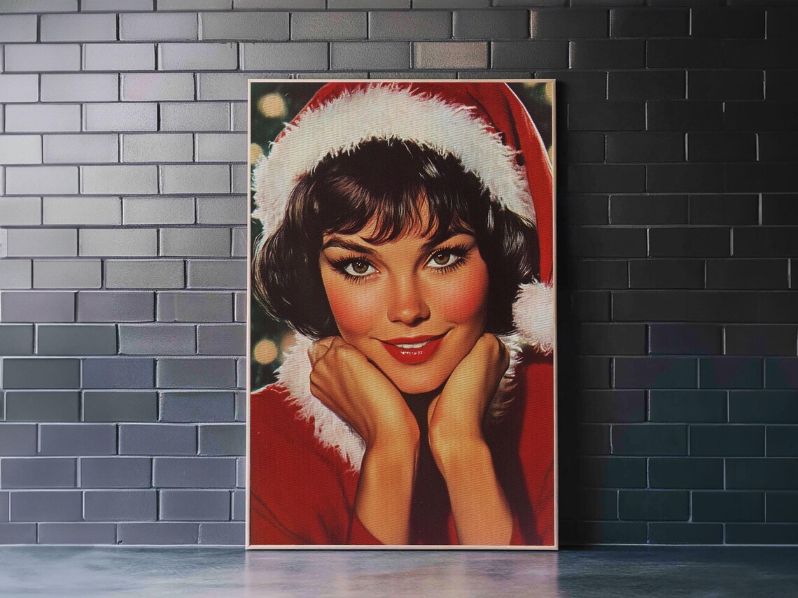 Vintage Christmas Woman Santa Hat Pin Up Retro Portrait Holiday Poster - Image 2