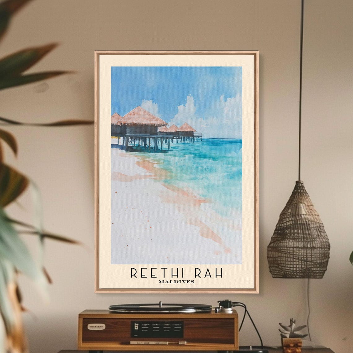 Reethi Rah Maldives Overwater Bungalow White Sand Watercolor Poster - Image 3