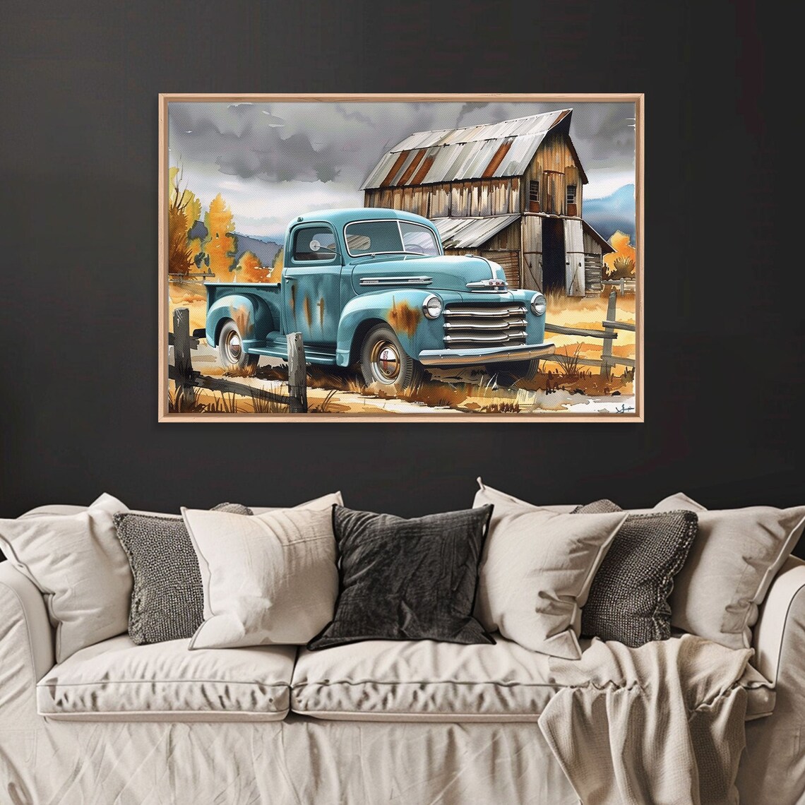Vintage Turquoise Pickup Truck Old Wooden Barn Autumn Farm Art Poster - Image 3