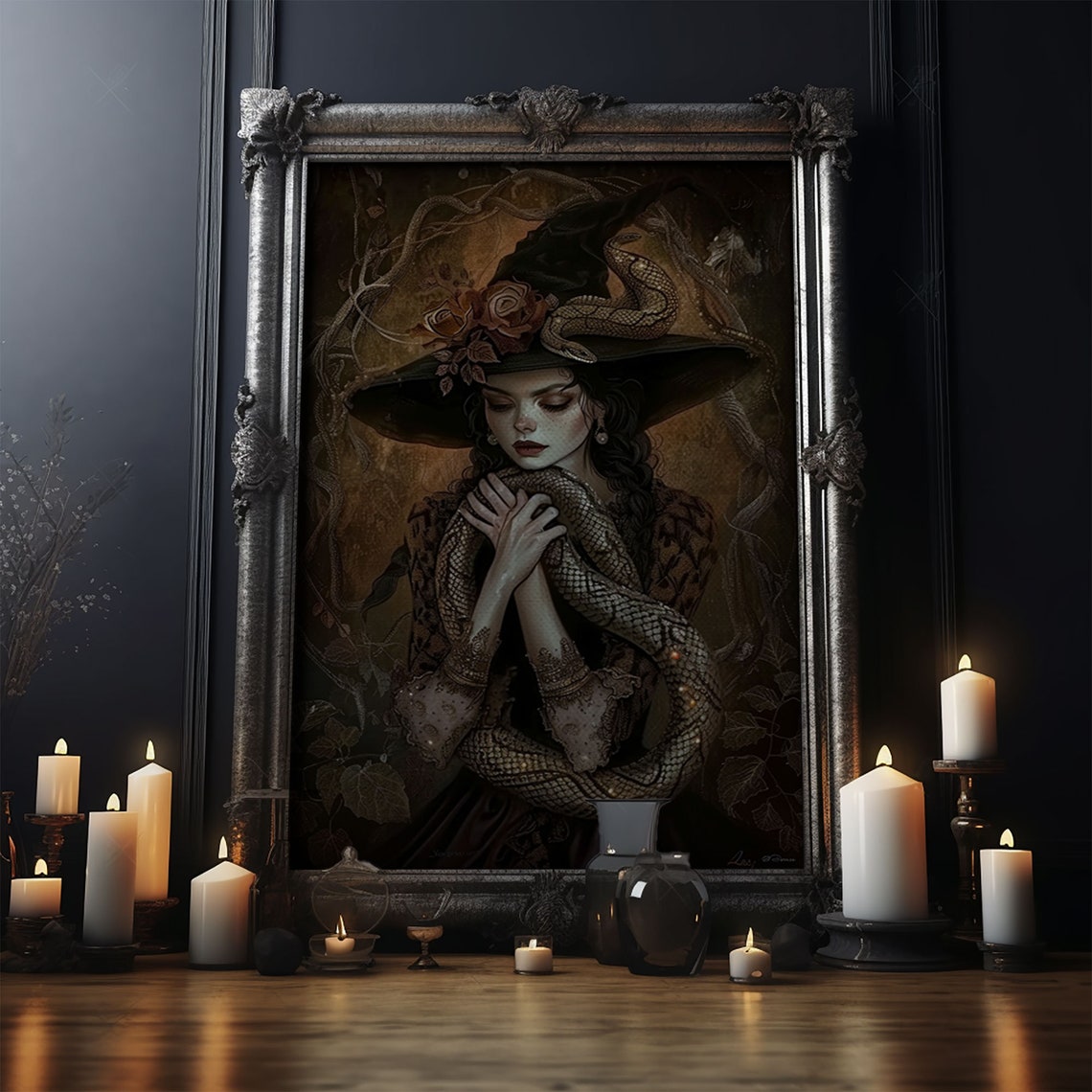Mysterious Witch Holding Serpent Snake Coiled Dark Fantasy Poster - Image 5
