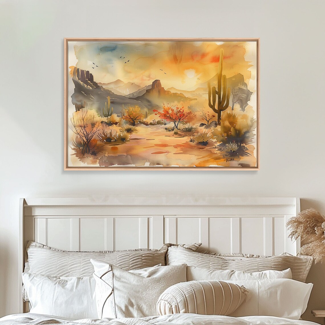 Desert Sunset Watercolor Saguaro Cactus Mesas Birds Southwest Wall Art - Image 2