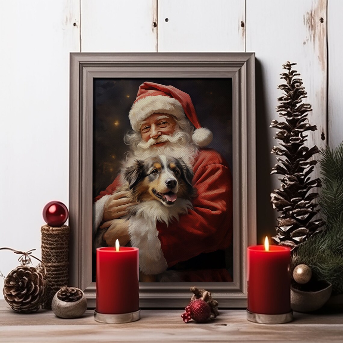 Santa Claus Hugging Australian Shepherd Puppy Christmas Poster - Image 3