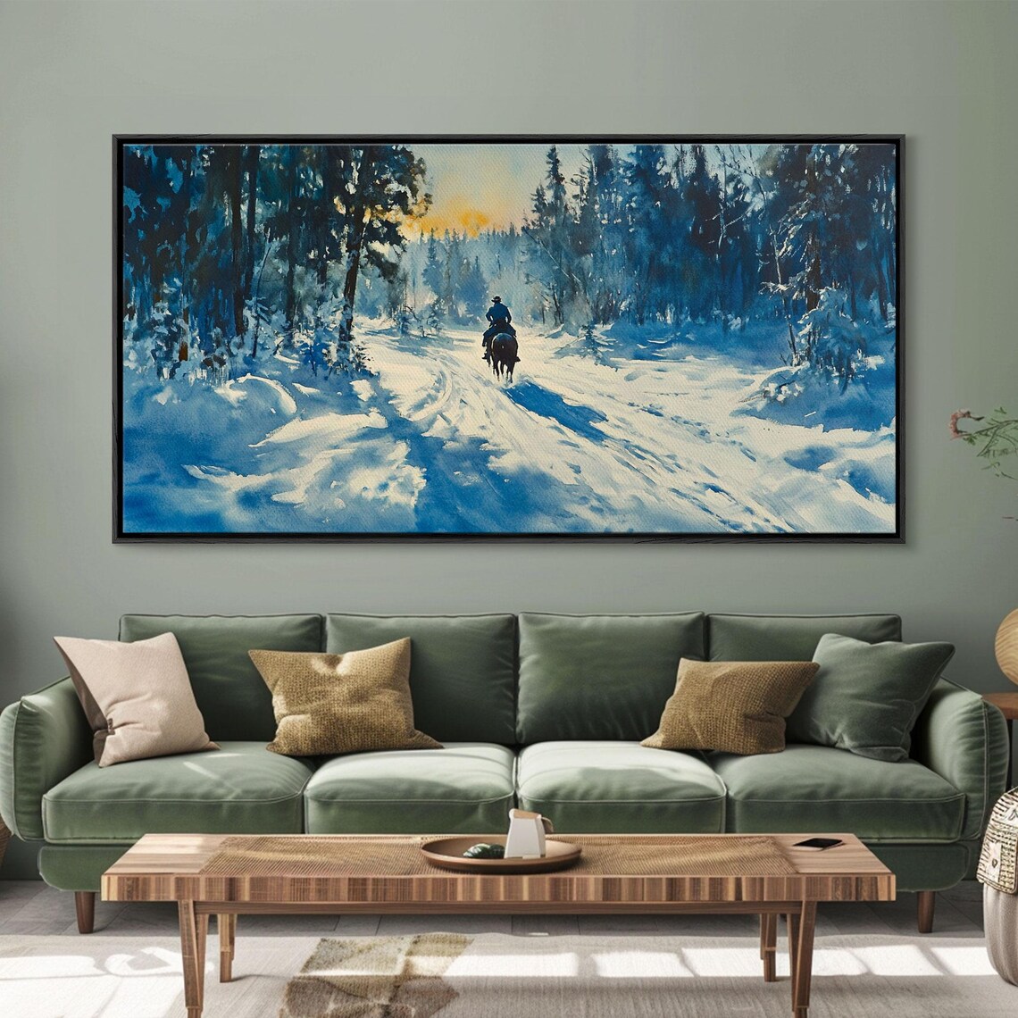 Lone Horse Rider On Snowy Forest Trail Winter Sunset Art Print - Image 4