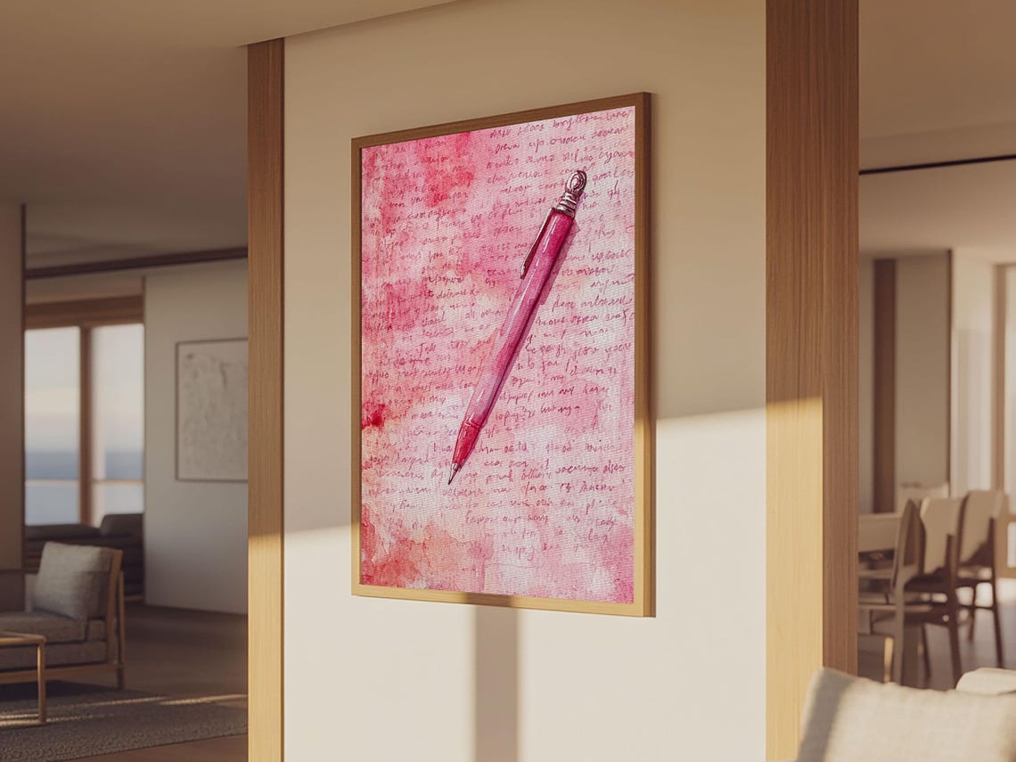 Red Fountain Pen on Pink Love Letter Watercolor Art Print Study Poster - Image 2