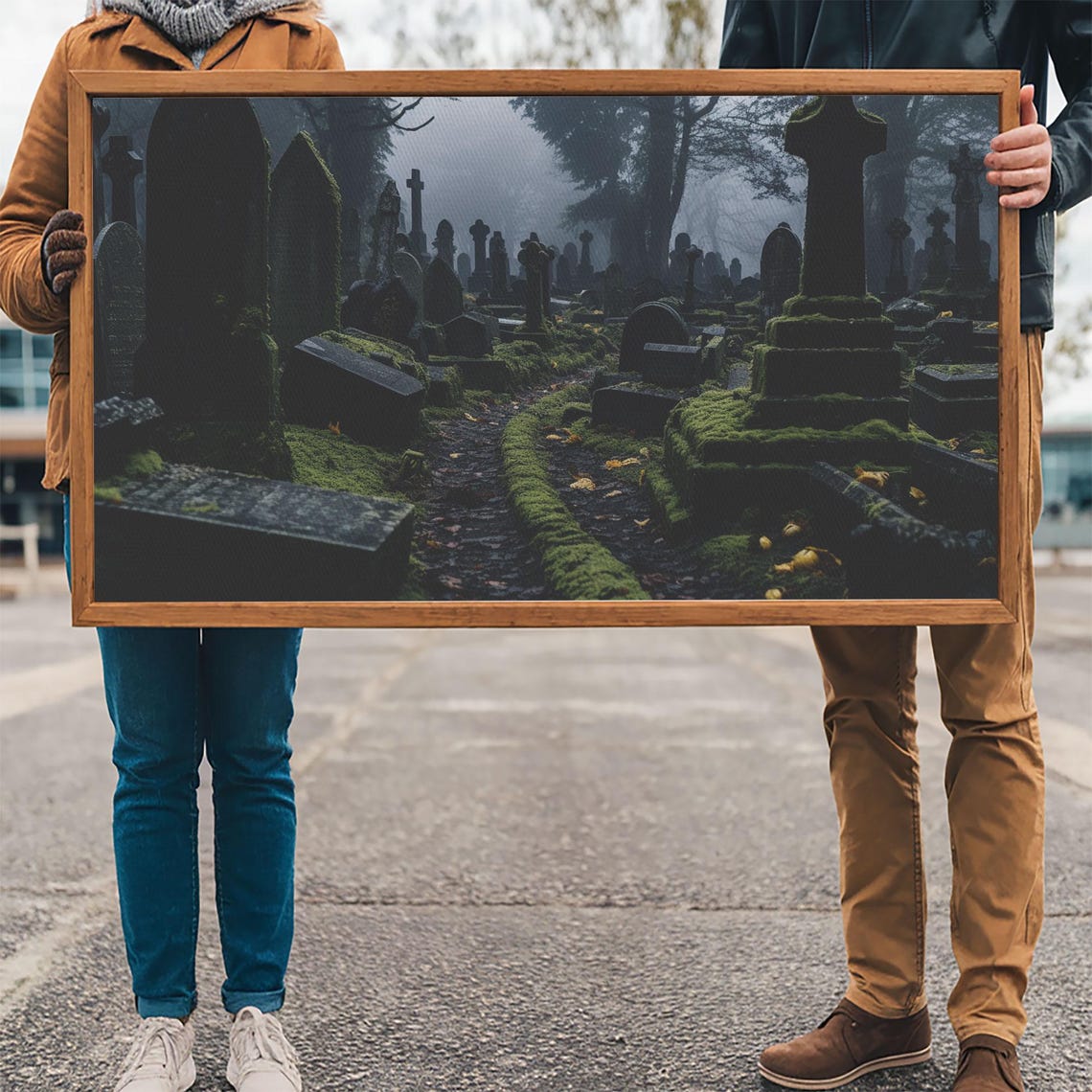 Moss Covered Haunted Graveyard Foggy Night Halloween Art Poster - Image 3
