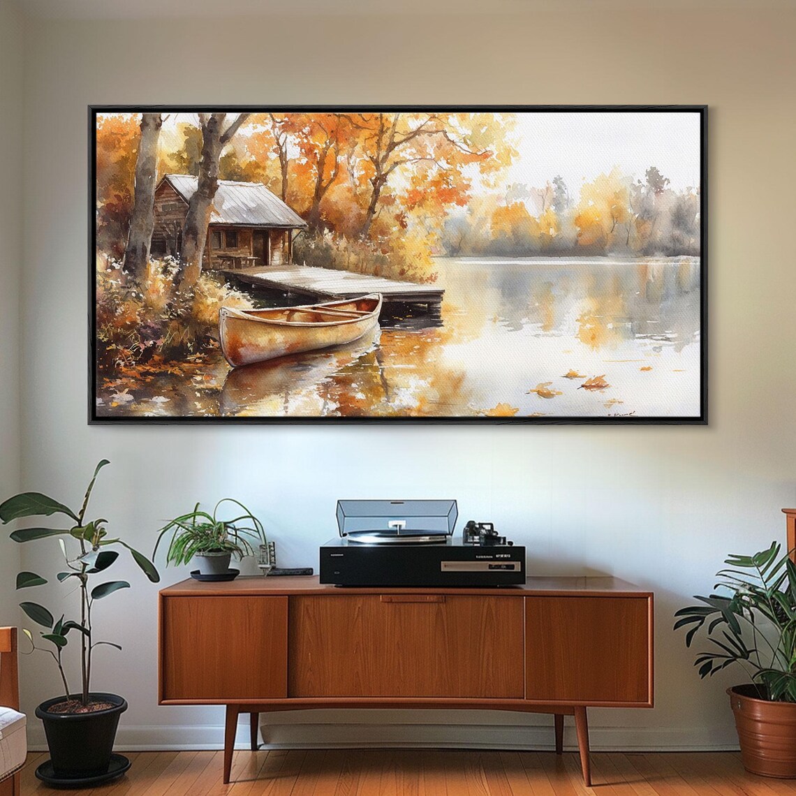 Autumn Lakeside Cabin Canoe Wooden Dock Golden Trees Calm Water Poster - Image 6